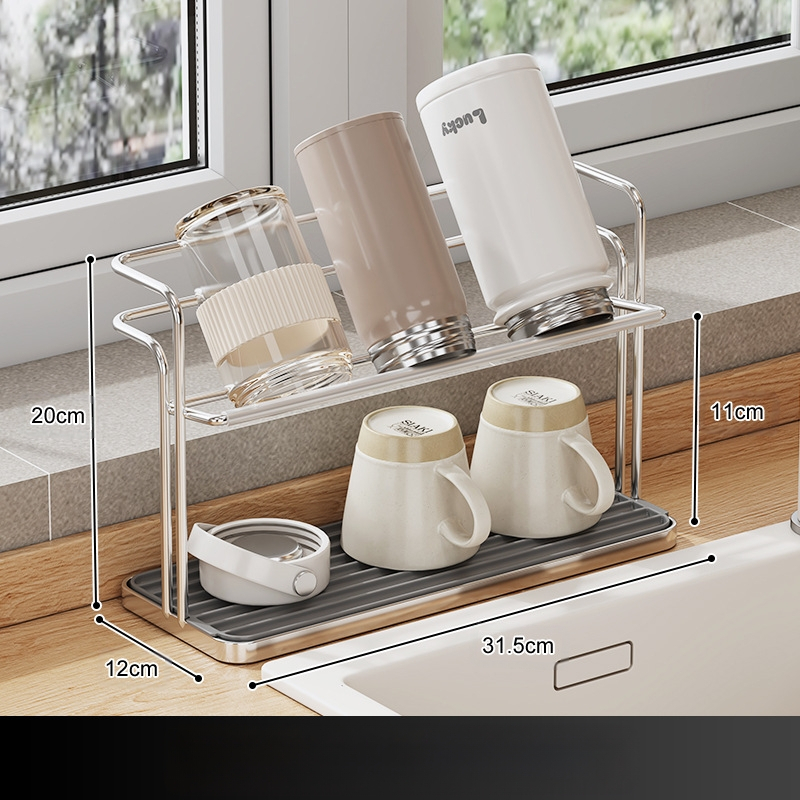 Puodelių laikiklis — dviejų sluoksnių, apversto drenažo dizainas, iš anglies plieno, stalinis arba pakabinamas montavimas, be gręžimo