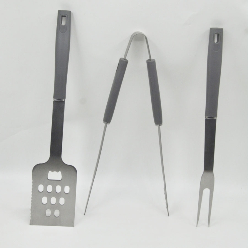 3 dalių nerūdijančio plieno kepsninės įrankių rinkinys su šakute, lopata ir klipu, PP rankenos
