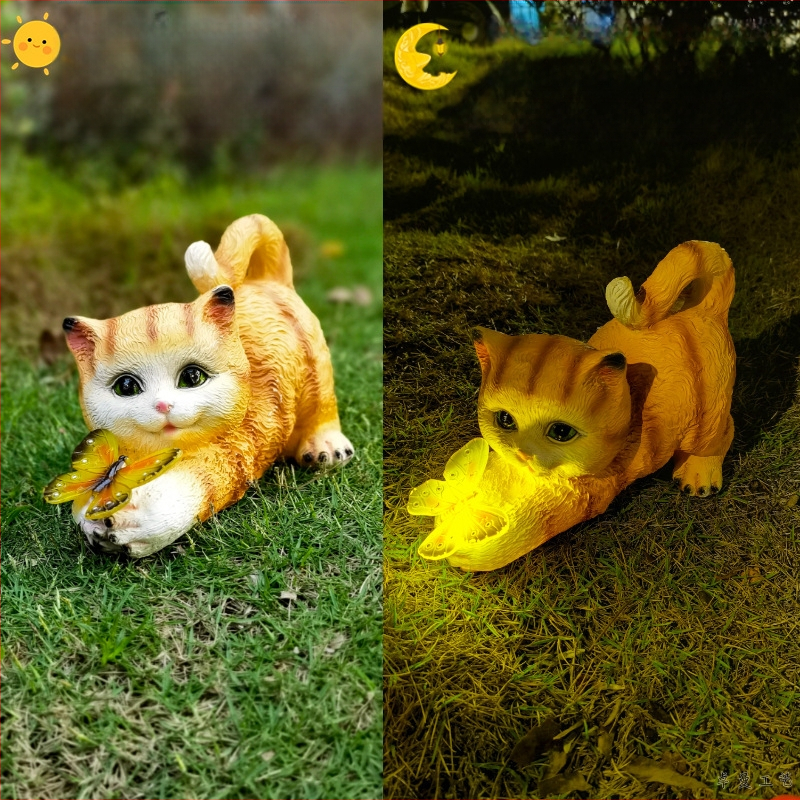 Градинска смолна соларна лампа със скулптура котка и пеперуда за външно използване на балкон и двор