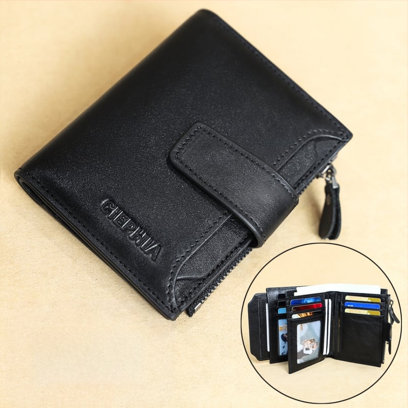 CIEPHIA мъжки портфейл от естествена кожа с RFID защита, ретро къс модел, много отделения за карти и монети с цип