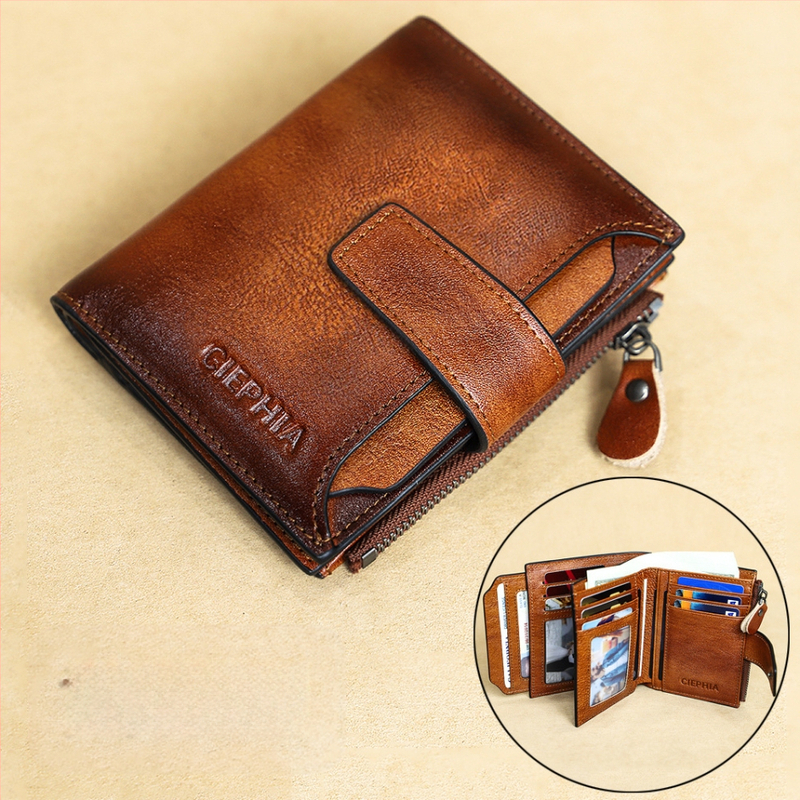 CIEPHIA мъжки портфейл от естествена кожа с RFID защита, ретро къс модел, много отделения за карти и монети с цип