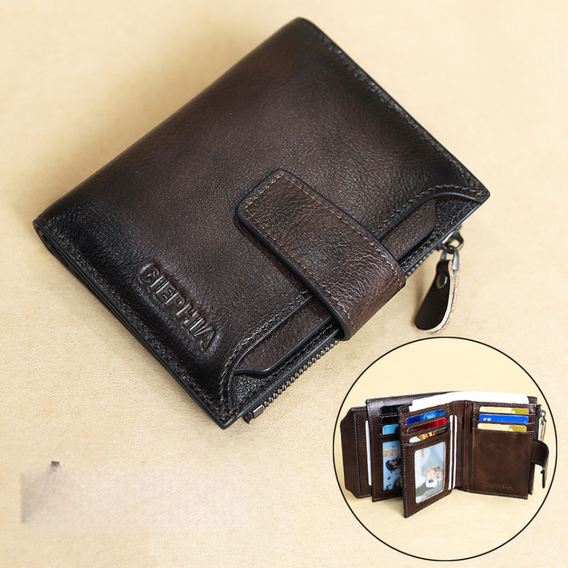 CIEPHIA мъжки портфейл от естествена кожа с RFID защита, ретро къс модел, много отделения за карти и монети с цип