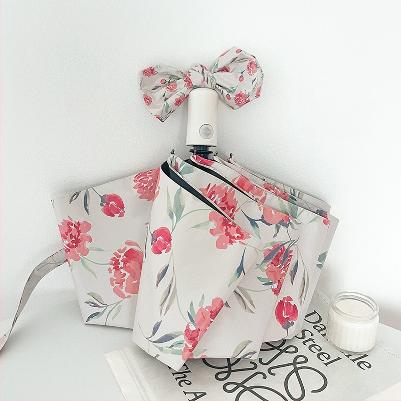 Ομπρέλα τριών τμημάτων με μοτίβ Camellia, UPF 50+ UV προστασία, ύφασμα 210T, 8 ακτίνες, αυτόματο άνοιγμα