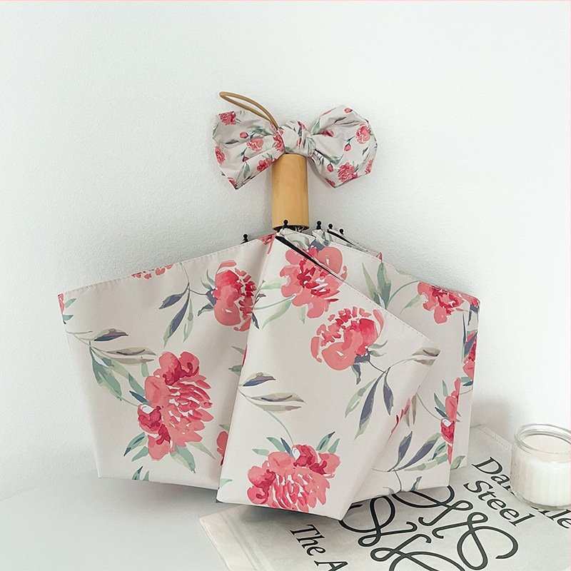 Ομπρέλα τριών τμημάτων με μοτίβ Camellia, UPF 50+ UV προστασία, ύφασμα 210T, 8 ακτίνες, αυτόματο άνοιγμα