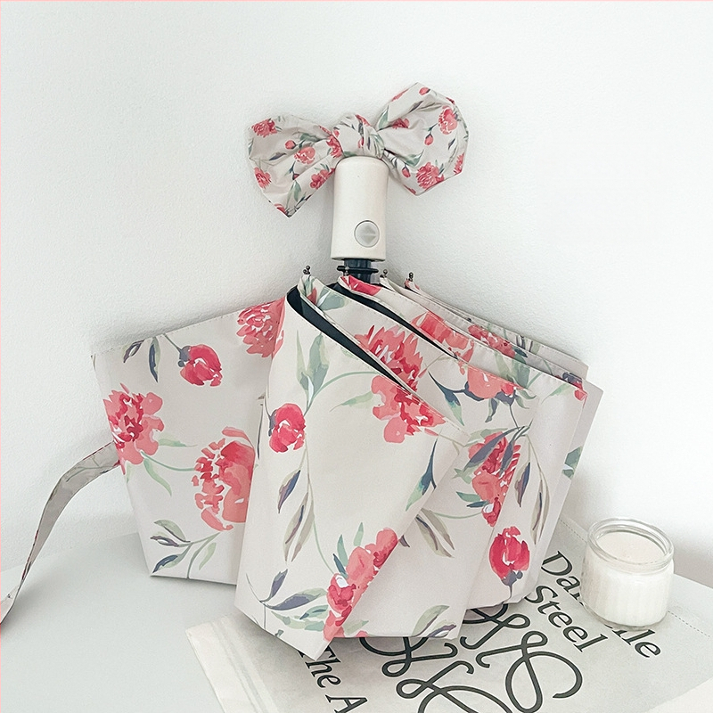 Ομπρέλα τριών τμημάτων με μοτίβ Camellia, UPF 50+ UV προστασία, ύφασμα 210T, 8 ακτίνες, αυτόματο άνοιγμα