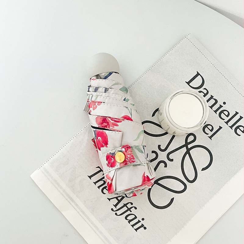 Ομπρέλα τριών τμημάτων με μοτίβ Camellia, UPF 50+ UV προστασία, ύφασμα 210T, 8 ακτίνες, αυτόματο άνοιγμα