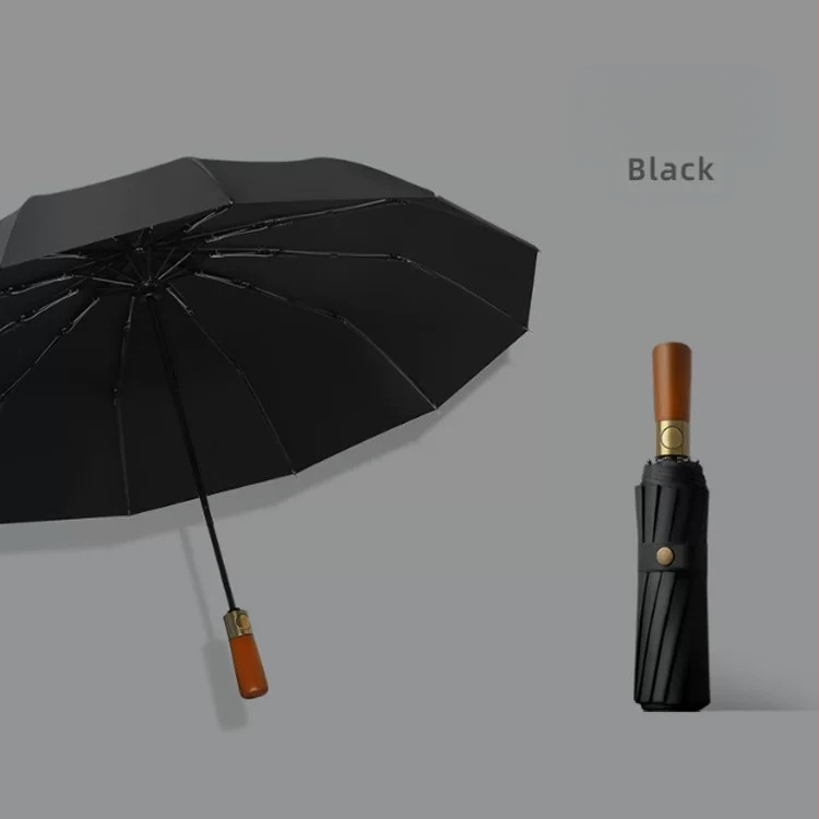 Ομπρέλα τριπλής αναδίπλωσης με χειρολαβή από συμπαγές ξύλο, σκελετός από ίνες με 10 ράβδους, ύφασμα 210T, άνοιγμα με αυτόματο μηχανισμό