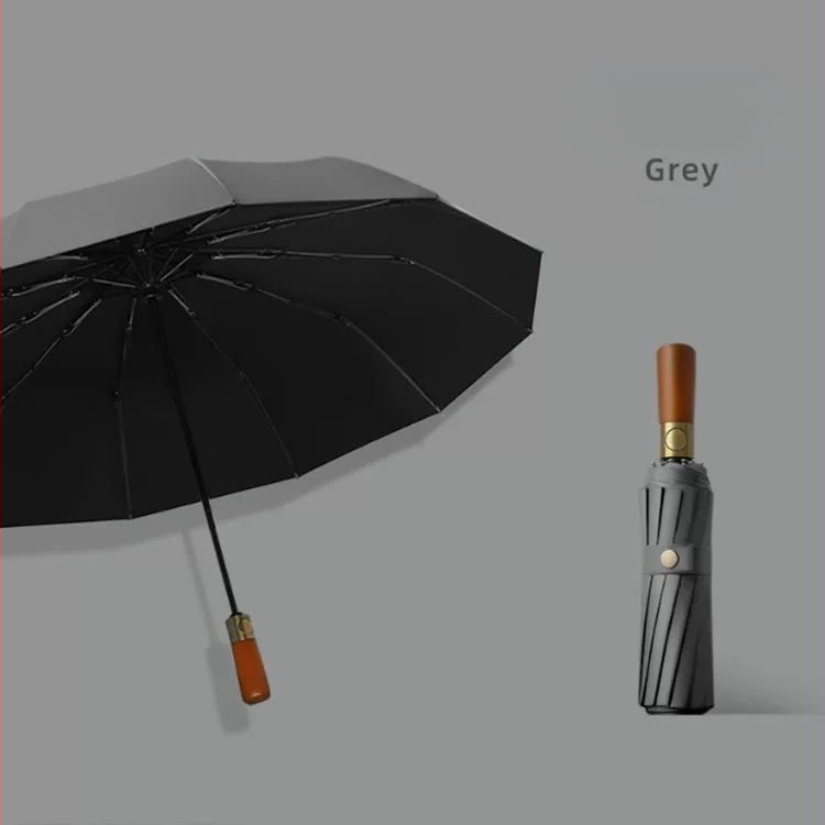 Ομπρέλα τριπλής αναδίπλωσης με χειρολαβή από συμπαγές ξύλο, σκελετός από ίνες με 10 ράβδους, ύφασμα 210T, άνοιγμα με αυτόματο μηχανισμό