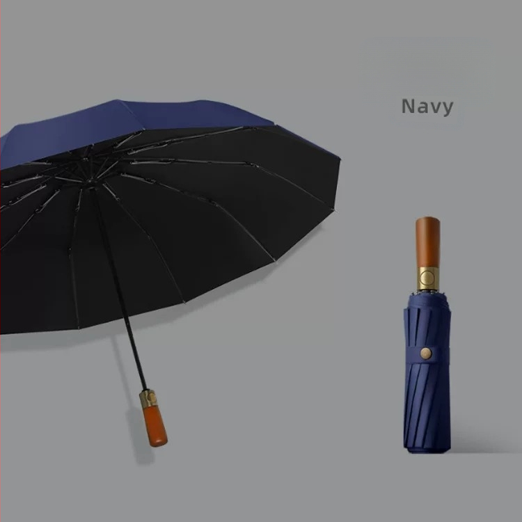 Ομπρέλα τριπλής αναδίπλωσης με χειρολαβή από συμπαγές ξύλο, σκελετός από ίνες με 10 ράβδους, ύφασμα 210T, άνοιγμα με αυτόματο μηχανισμό