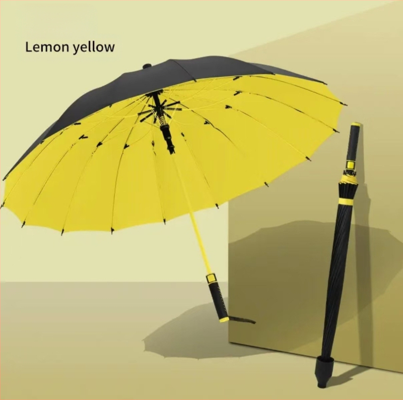 Golf skėtis su 16 rėmų, vandeniui atsparus gaubtas, ilga rankena, pusiau automatinis atidarymas uždarymas, UPF50+