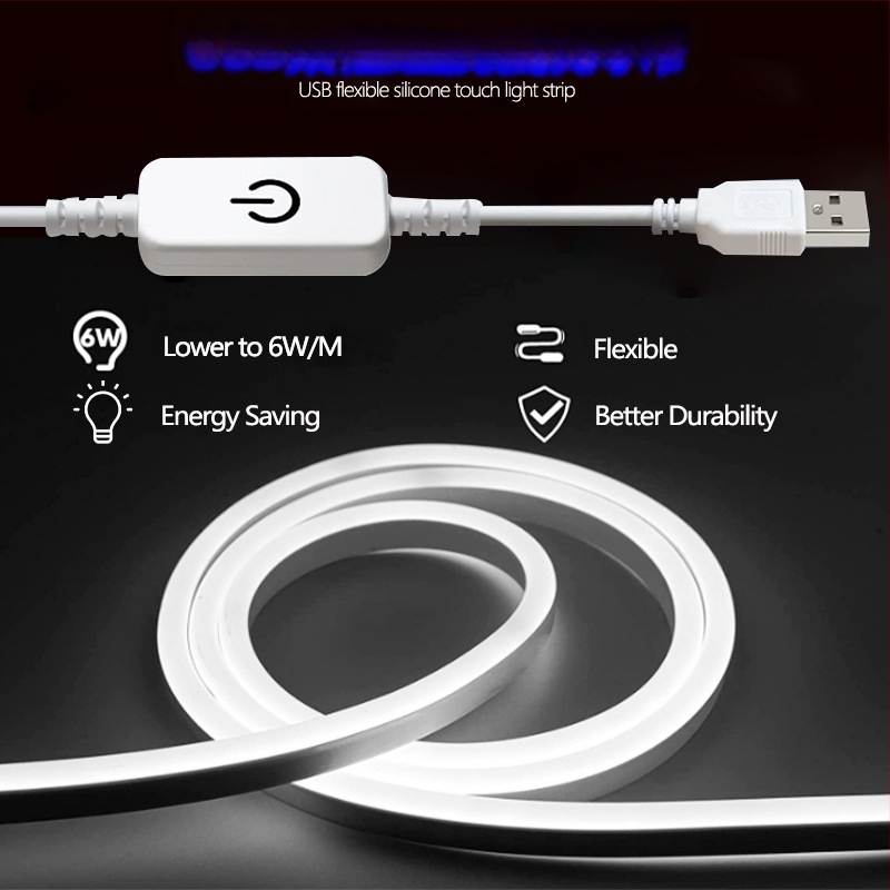 USB prisilietimo neono lanksti šviesos juostelė, 5V įv., 6W/m, 120 LED 2835, reguliuojama šviesa