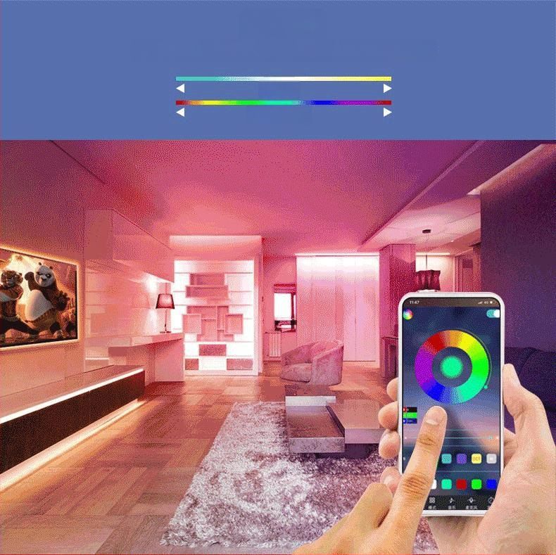 LED televizijos apšvietimo juosta su Bluetooth ir APP valdymu (modelis 5050RGB, 12V, 30 LED, 7W, atspari vandeniui)