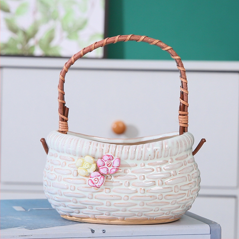 Ghiveci ceramic pentru suculente – coș din ceramică în stil pinch, semi-manual, respirabil, durabil, potrivit pentru pereți, birou, podea sau suport suspendat