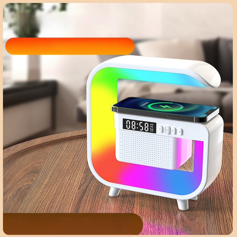 Bluetooth garsiakalbis belaidžiu įkrovimu, žadintuvu ir atmosferos šviesa – Bluetooth 5.3, 5W, įmontuota baterija 2000–4000mAh, veiksmingas diapazonas 10 m, dažnių atsakas 100Hz–20kHz