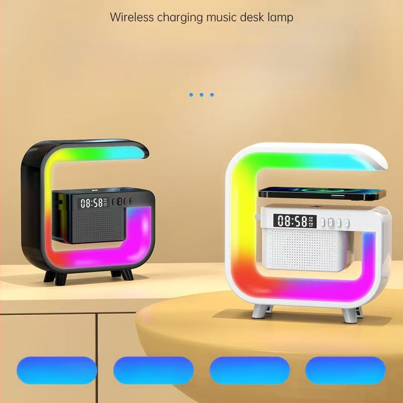 Bluetooth garsiakalbis belaidžiu įkrovimu, žadintuvu ir atmosferos šviesa – Bluetooth 5.3, 5W, įmontuota baterija 2000–4000mAh, veiksmingas diapazonas 10 m, dažnių atsakas 100Hz–20kHz