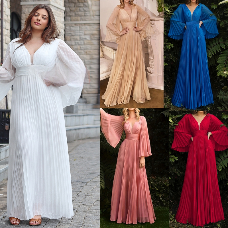 Večernja haljina s V-dekolteom, zvonastim rukavima i nepravilnom midi suknjom; poliester, akril 90-95%