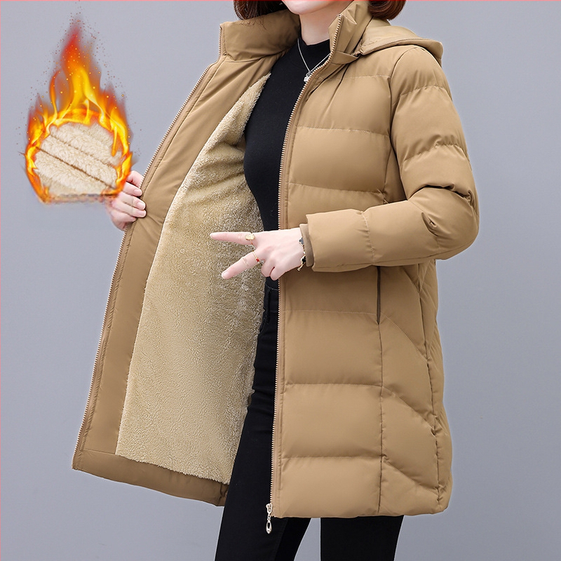 Moteriški vidutinio ilgio pūno-paminkštintas paltas su nuimamu gobtuvu, užtrauktukas, poliesterio audinys