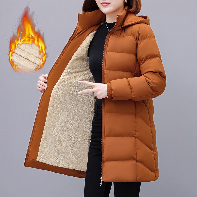 Moteriški vidutinio ilgio pūno-paminkštintas paltas su nuimamu gobtuvu, užtrauktukas, poliesterio audinys