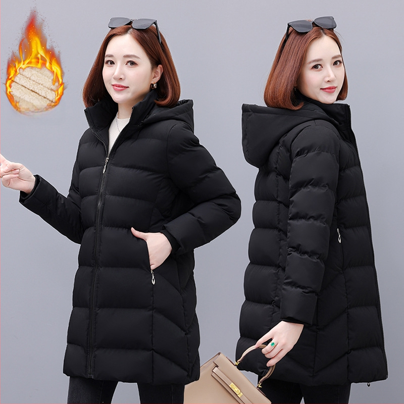 Moteriški vidutinio ilgio pūno-paminkštintas paltas su nuimamu gobtuvu, užtrauktukas, poliesterio audinys