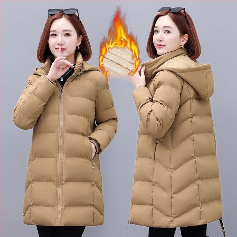 Moteriški vidutinio ilgio pūno-paminkštintas paltas su nuimamu gobtuvu, užtrauktukas, poliesterio audinys