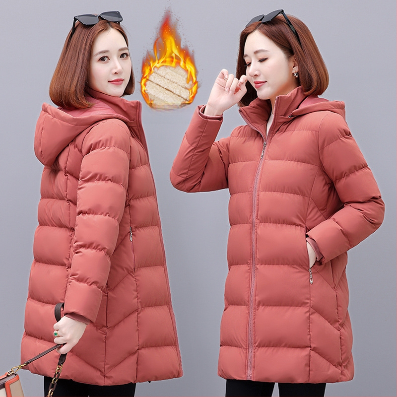 Moteriški vidutinio ilgio pūno-paminkštintas paltas su nuimamu gobtuvu, užtrauktukas, poliesterio audinys