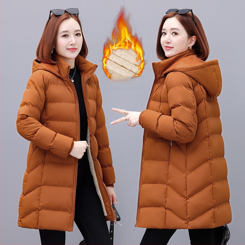 Moteriški vidutinio ilgio pūno-paminkštintas paltas su nuimamu gobtuvu, užtrauktukas, poliesterio audinys