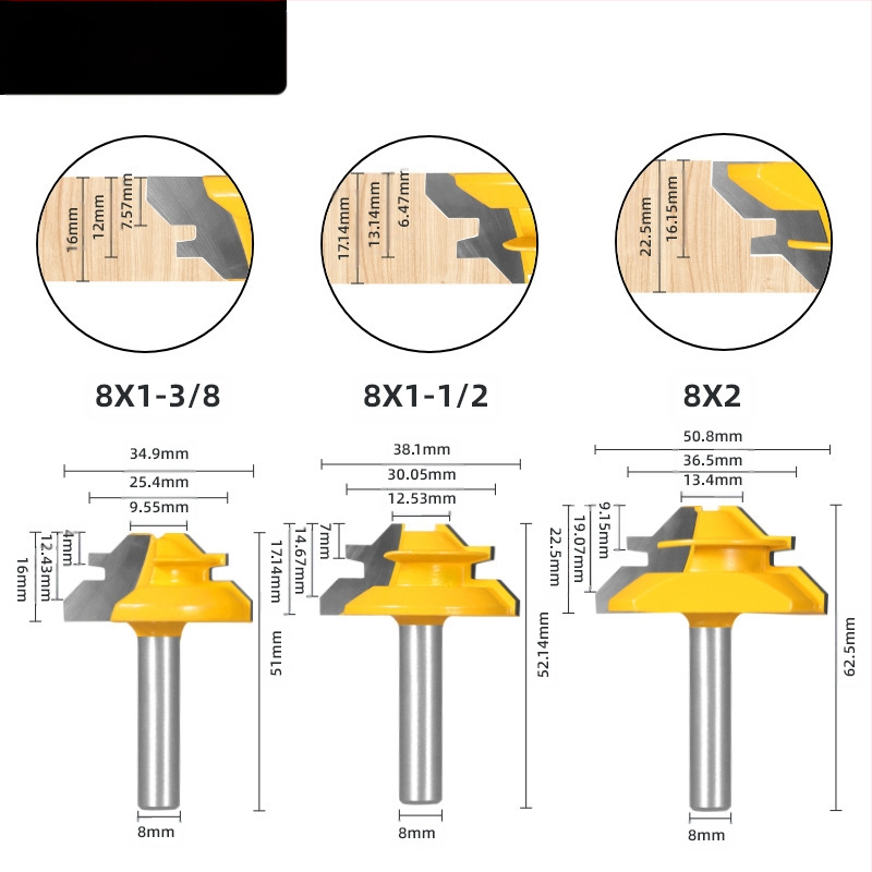 Σετ φρεζών για ξύλο Mortise and Tenon, 45°, τρία τεμάχια, με 1/4 in, 8 mm και 1/2 in άξονες