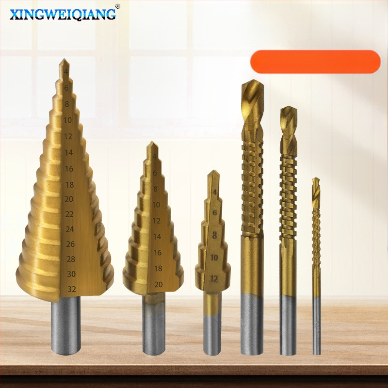 6 части Pagoda дърводелски набор от свредла за дървообработване със слот, триъгълна дръжка, носеща стомана и титаново покритие, стъпкови свредла