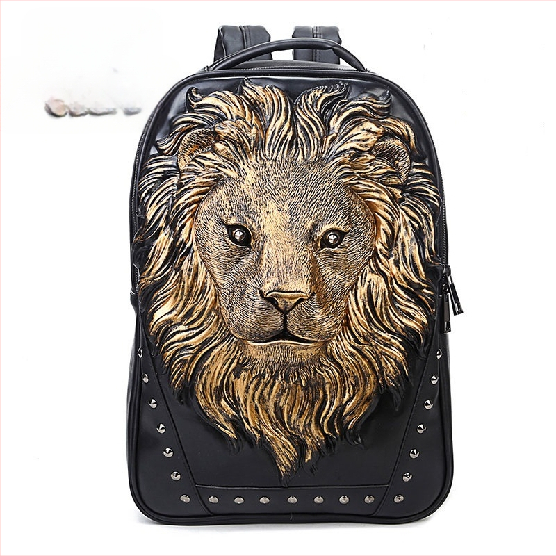 Kuprinė su liūto galvos reljefu, PU oda, atspari vandeniui, talpa 20–35 L, 15,6 colių nešiojamojo kompiuterio kišenė