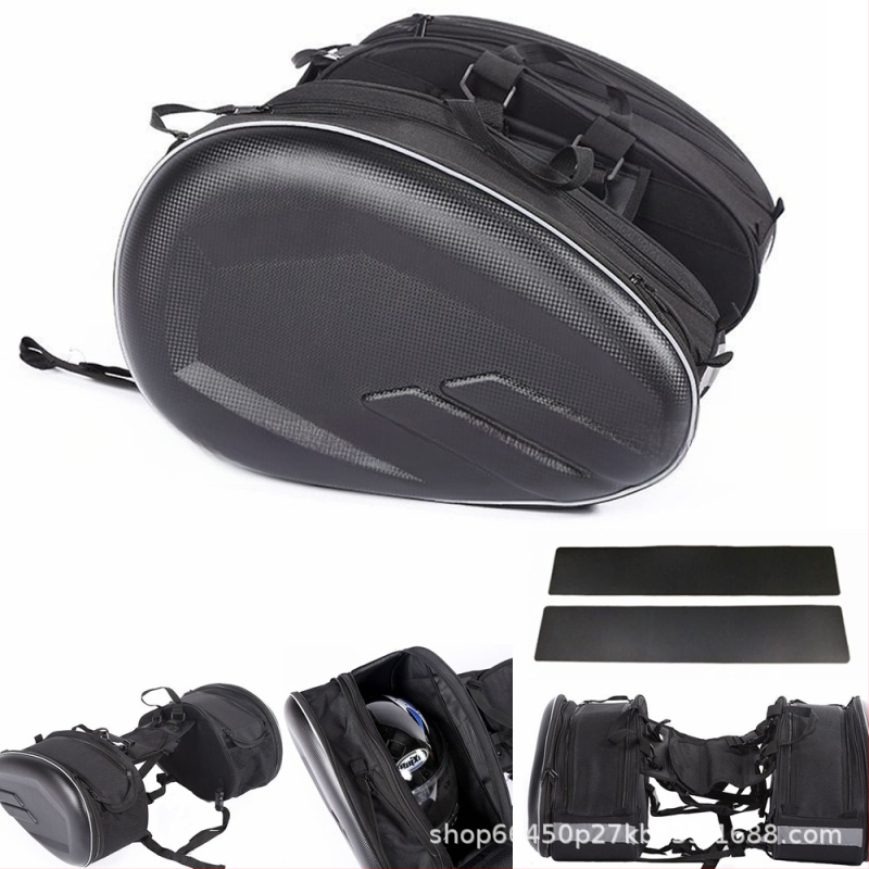 Motociklo šoninė kuprinė – PU medžiaga, talpa 36–58 L, modelis Y-MC006-2, su lietaus gaubtu