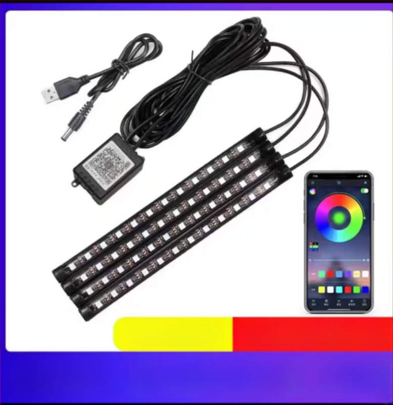 Auto iekšējā LED gaisma ar USB, daudzkrāsains apgaismojums, kāju zonai, mūzikas ritms, bezvadi, balss vadība — Modelis: Colorful ambient lights in the car; Jauda 3.6W; Spriegums 12V/5V; Strāva 1A; Materiāls PCB