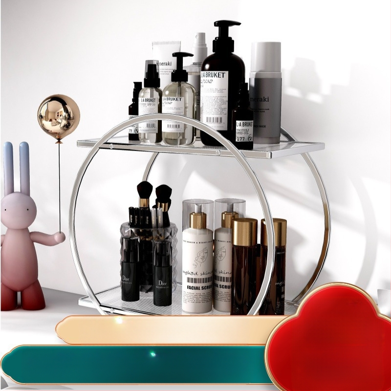 Козметичен държач за настолно използване, 2-етажен от карбонова стомана; многофункционален, подвижен, прахоустойчив, за грим и баня