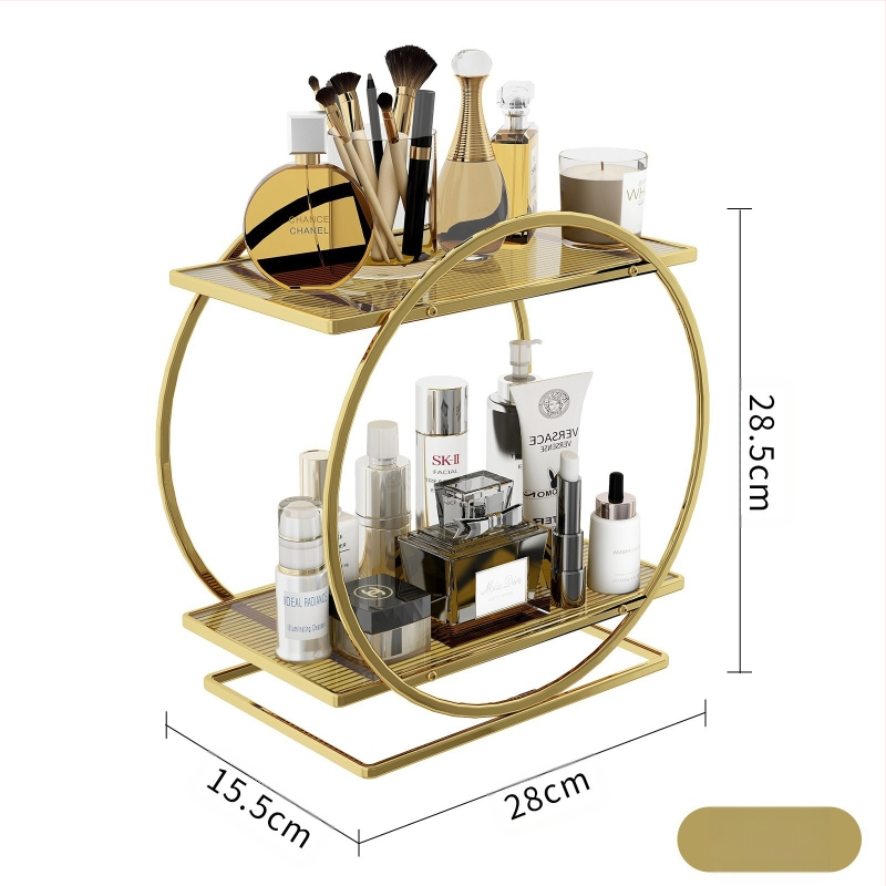 Козметичен държач за настолно използване, 2-етажен от карбонова стомана; многофункционален, подвижен, прахоустойчив, за грим и баня