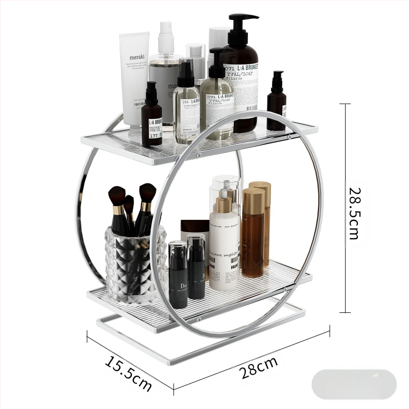 Козметичен държач за настолно използване, 2-етажен от карбонова стомана; многофункционален, подвижен, прахоустойчив, за грим и баня