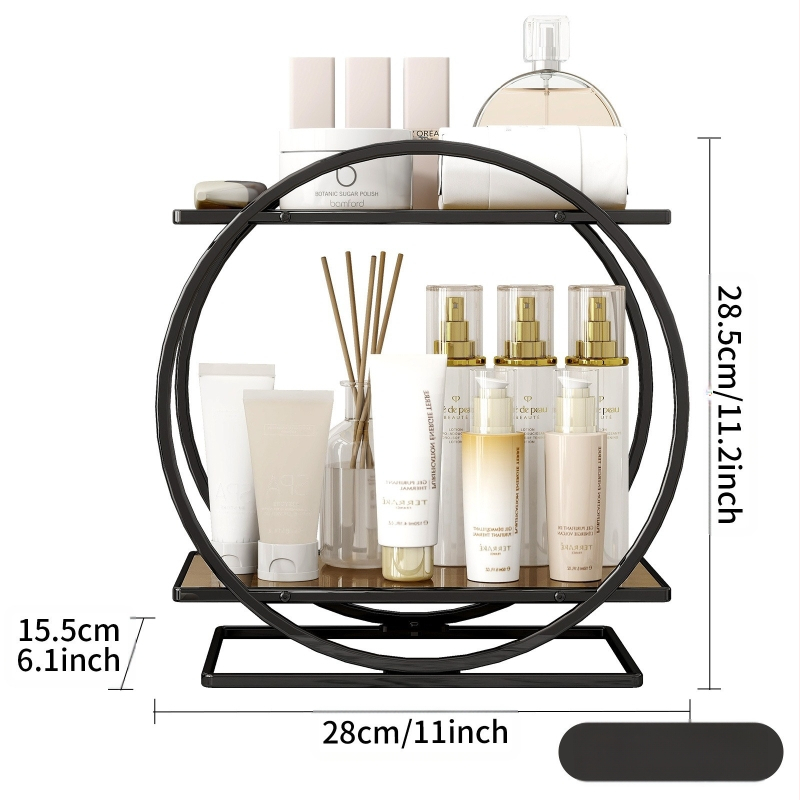 Козметичен държач за настолно използване, 2-етажен от карбонова стомана; многофункционален, подвижен, прахоустойчив, за грим и баня