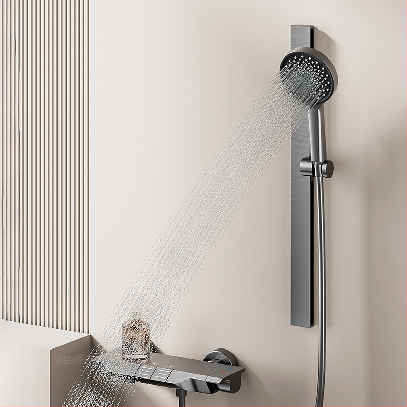 Vonios maišytuvas ir dušo komplektas su kvadratine dušo galvute, iš space aluminum, anodizuotas paviršius ir pastovios temperatūros funkcija.