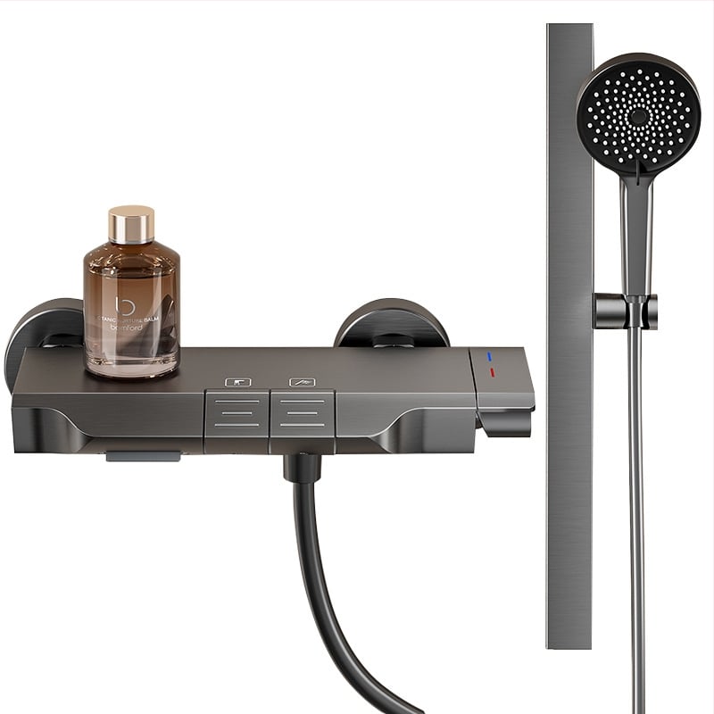 Vonios maišytuvas ir dušo komplektas su kvadratine dušo galvute, iš space aluminum, anodizuotas paviršius ir pastovios temperatūros funkcija.