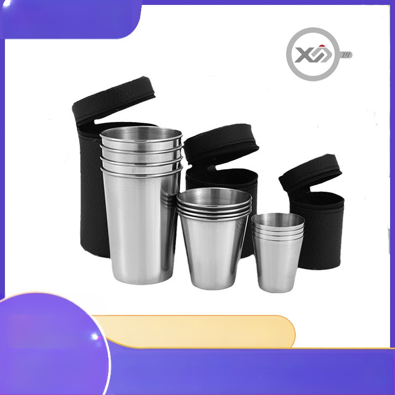 Nerūdijančio plieno spiritinių taurių rinkinys, 4 vnt, talpa 101-200 ml, odinis įpakavimas, pritaikytas logotipas