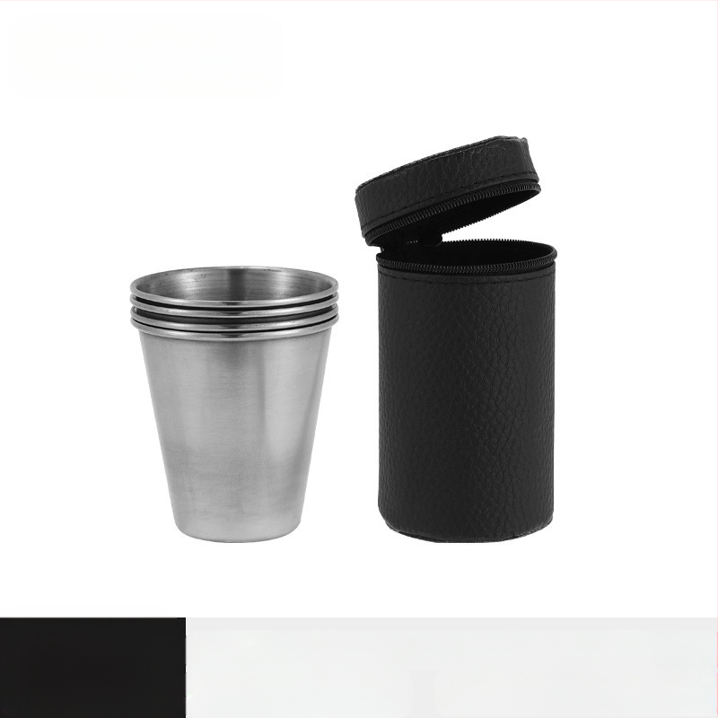 Nerūdijančio plieno spiritinių taurių rinkinys, 4 vnt, talpa 101-200 ml, odinis įpakavimas, pritaikytas logotipas