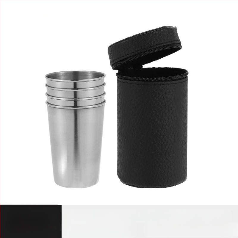 Nerūdijančio plieno spiritinių taurių rinkinys, 4 vnt, talpa 101-200 ml, odinis įpakavimas, pritaikytas logotipas