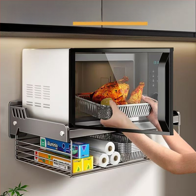 Sieninis mikrobangų orkaitės laikiklis – be gręžimo, iš anglies plieno, sieninis montavimas, šiuolaikiškas minimalistinis stilius