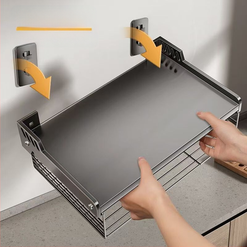 Sieninis mikrobangų orkaitės laikiklis – be gręžimo, iš anglies plieno, sieninis montavimas, šiuolaikiškas minimalistinis stilius