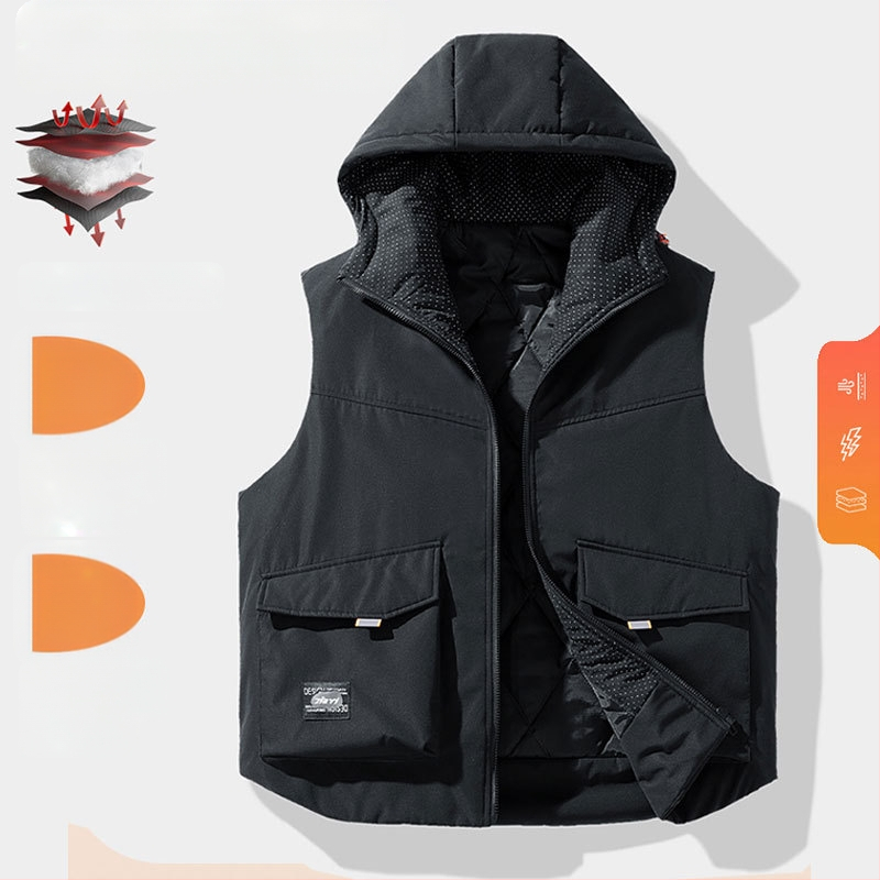 Vintage prsluk s kapuljom, slobodan kroj, stojeći ovratnik, zatvarač, debeli poliester, 100% poliester