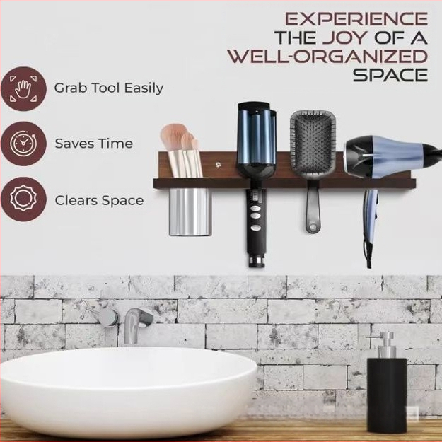 Dongjie Дървен стенен шкаф за фризьорски принадлежности – модерен минималистичен 1-етажен стенен държач за сешоар и гребени