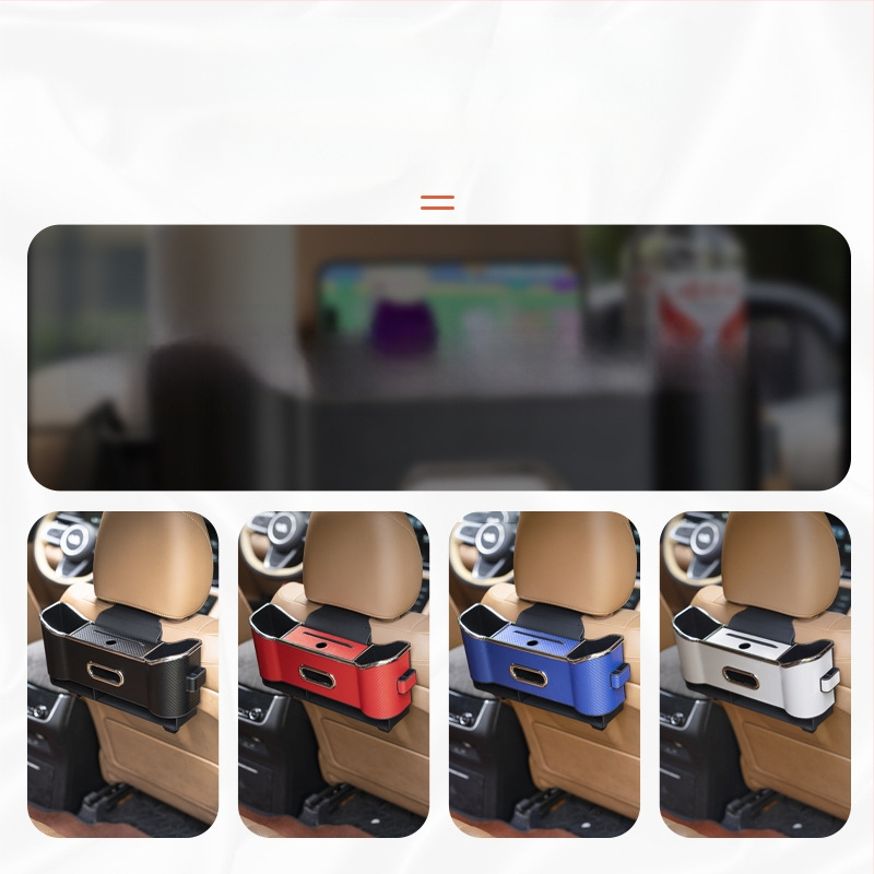Кожен органайзер за задната седалка с кутия за салфетки и държач за чаша, водоустойчив, окачващ се монтаж