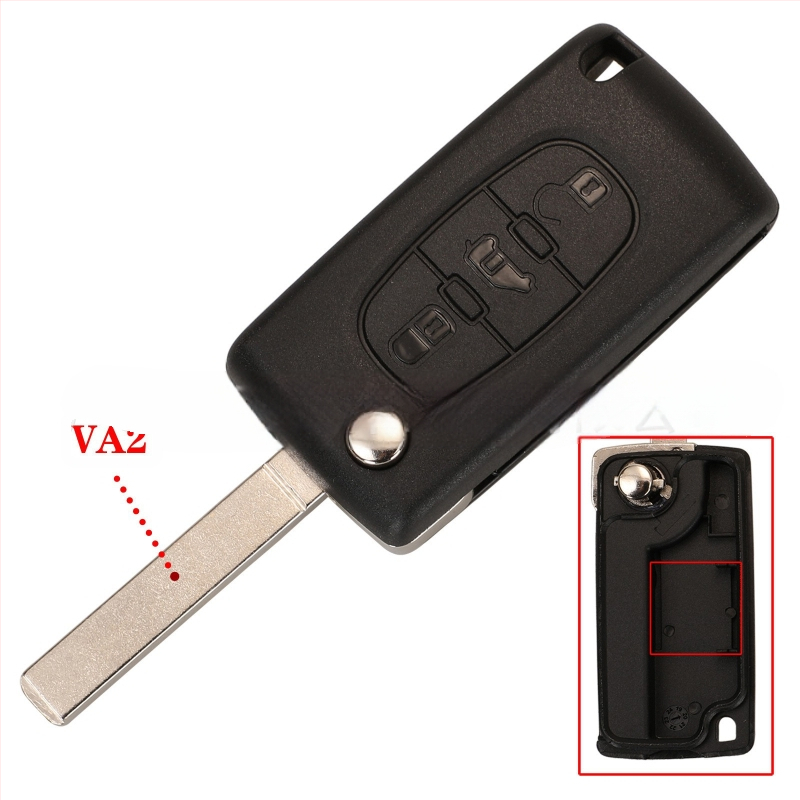 3-gombos összecsukható autókulcs burkolat Peugeot Citroën Fiat CE0523/CE0536 | Műanyag burkolat; kulcs penge anyaga: réz + műanyag; súly 39,5 g