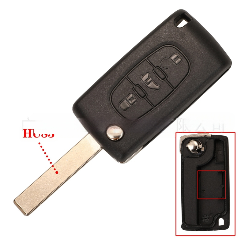 3-gombos összecsukható autókulcs burkolat Peugeot Citroën Fiat CE0523/CE0536 | Műanyag burkolat; kulcs penge anyaga: réz + műanyag; súly 39,5 g