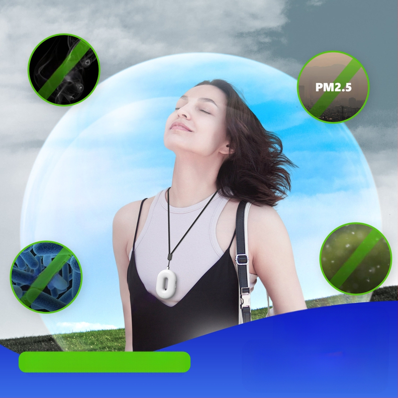 Mini nešiojamas oro valymo įrenginys su neigiamais jonais kaklui — tylus veikimas iki 36 dB, oro srautas 50 m³/h, maitinamas per USB, tinkamas iki 10 m²