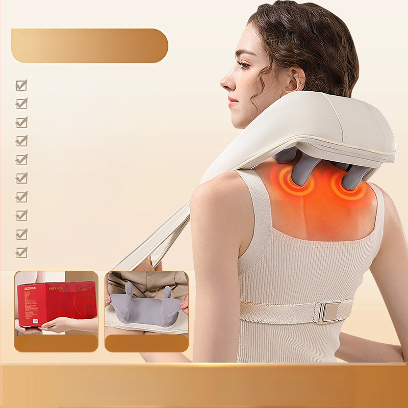 Aux/Aox μασάζ με 6 κεφαλές για ζύμωμα και ζεστό συμπίεση για τους ώμους και τον αυχένα, με θέρμανση του αυχένα, επαναφορτιζόμενο, μοντέλο AJA-05D-807, 3 ταχύτητες, χρονοδιακόπτης, PU δέρμα