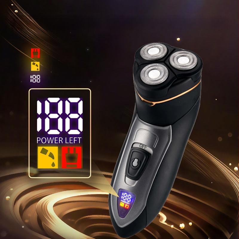 Ανδρική ηλεκτρική ξυριστική μηχανή με επιπλέουσα περιστροφική κεφαλή, ενσωματωμένη μπαταρία 500–800 mAh, αυτονομία έως 120 λεπτά, πλήρως πλενόμενη για ολόκληρο το σώμα, υγρά και ξηρή χρήση